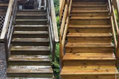 Side-by-side comparison of a dirty vs. clean deck, highlighting the effectiveness of professional deck cleaning.