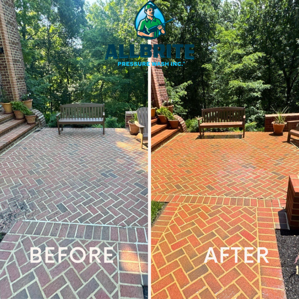 Split image: left is dirty, stained brick patio before cleaning; right is bright, clean brick patio after cleaning with outdoor benches and plants; Allbrite logo above.